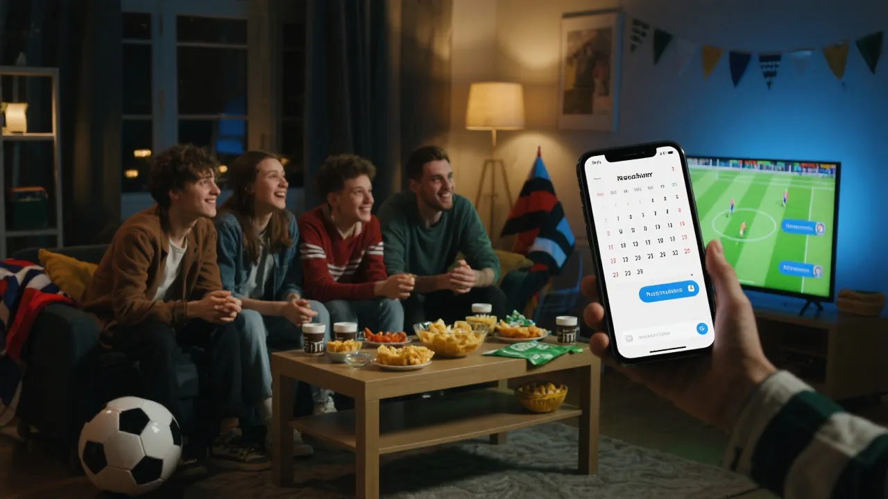 朋友们在家中围坐看球，桌上摆放零食与主题小道具，手机显示比赛提醒与群聊消息