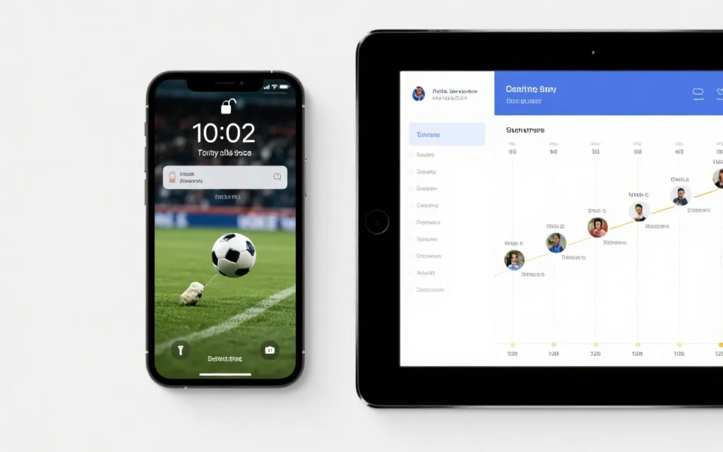 手机锁屏显示比赛进球推送与时间轴，旁边是打开比分网页的平板