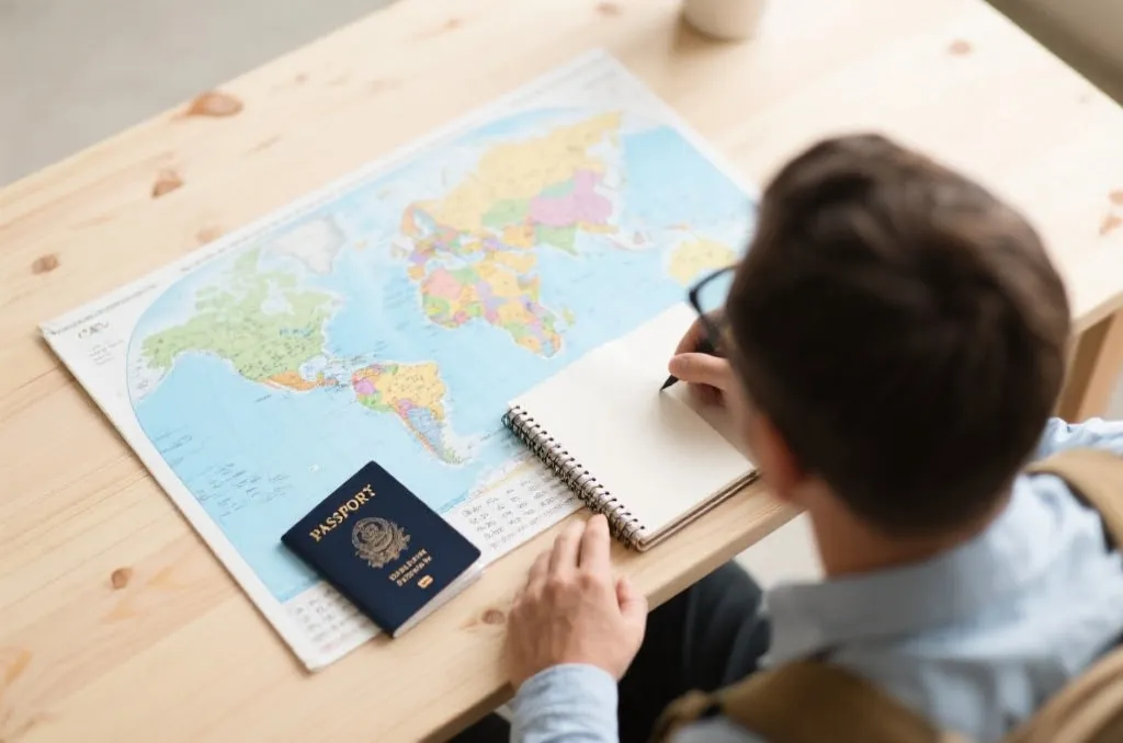 一位旅行者在书桌前规划世界杯观赛行程，桌上放着护照和地图